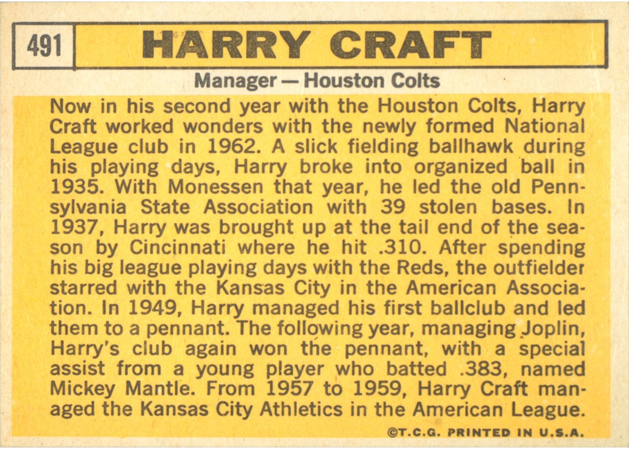 1963 Topps #491 Harry Craft card back