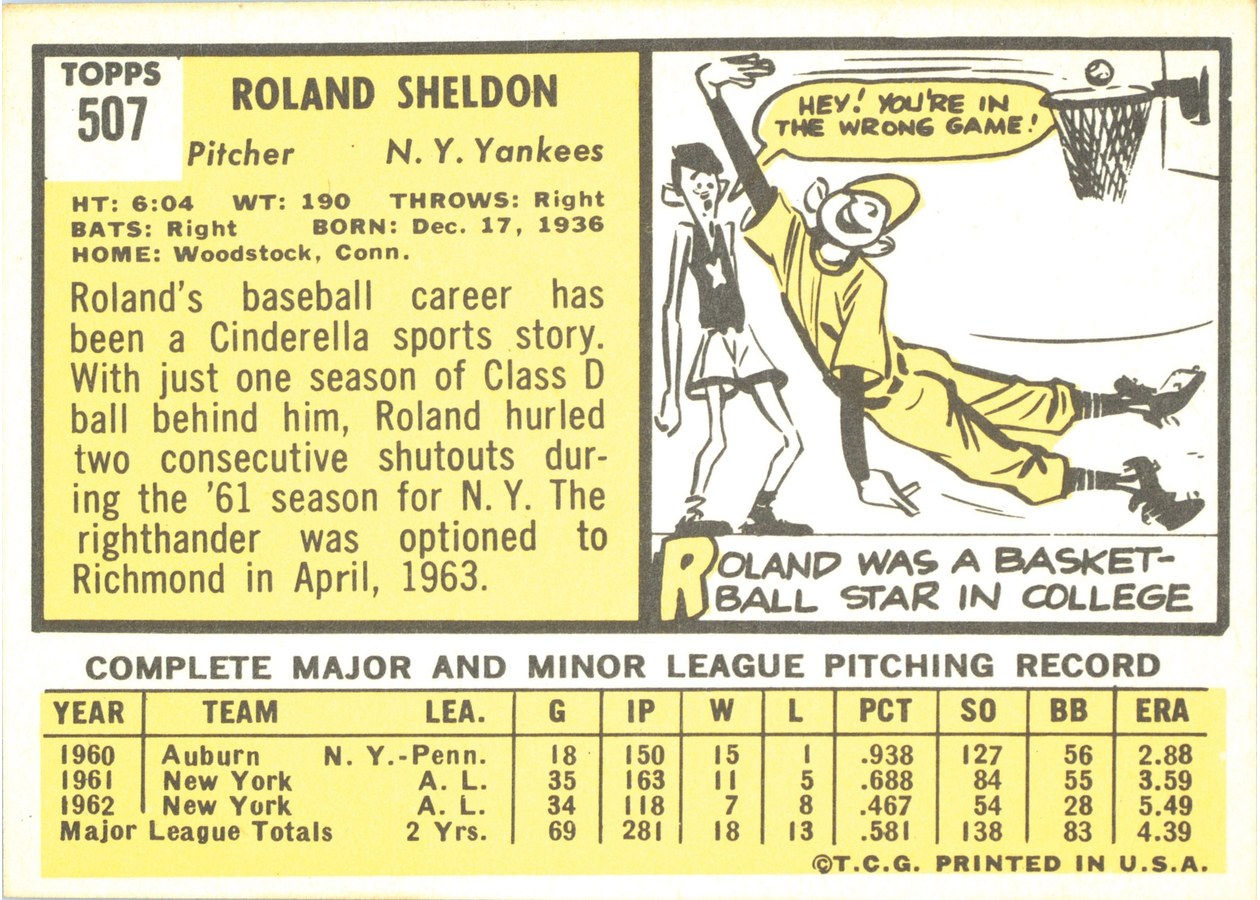 1963 Topps #507 Roland Sheldon card back