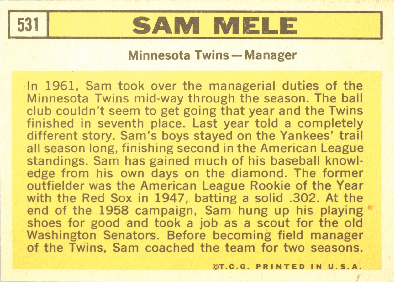 1963 Topps #531 Sam Mele card back