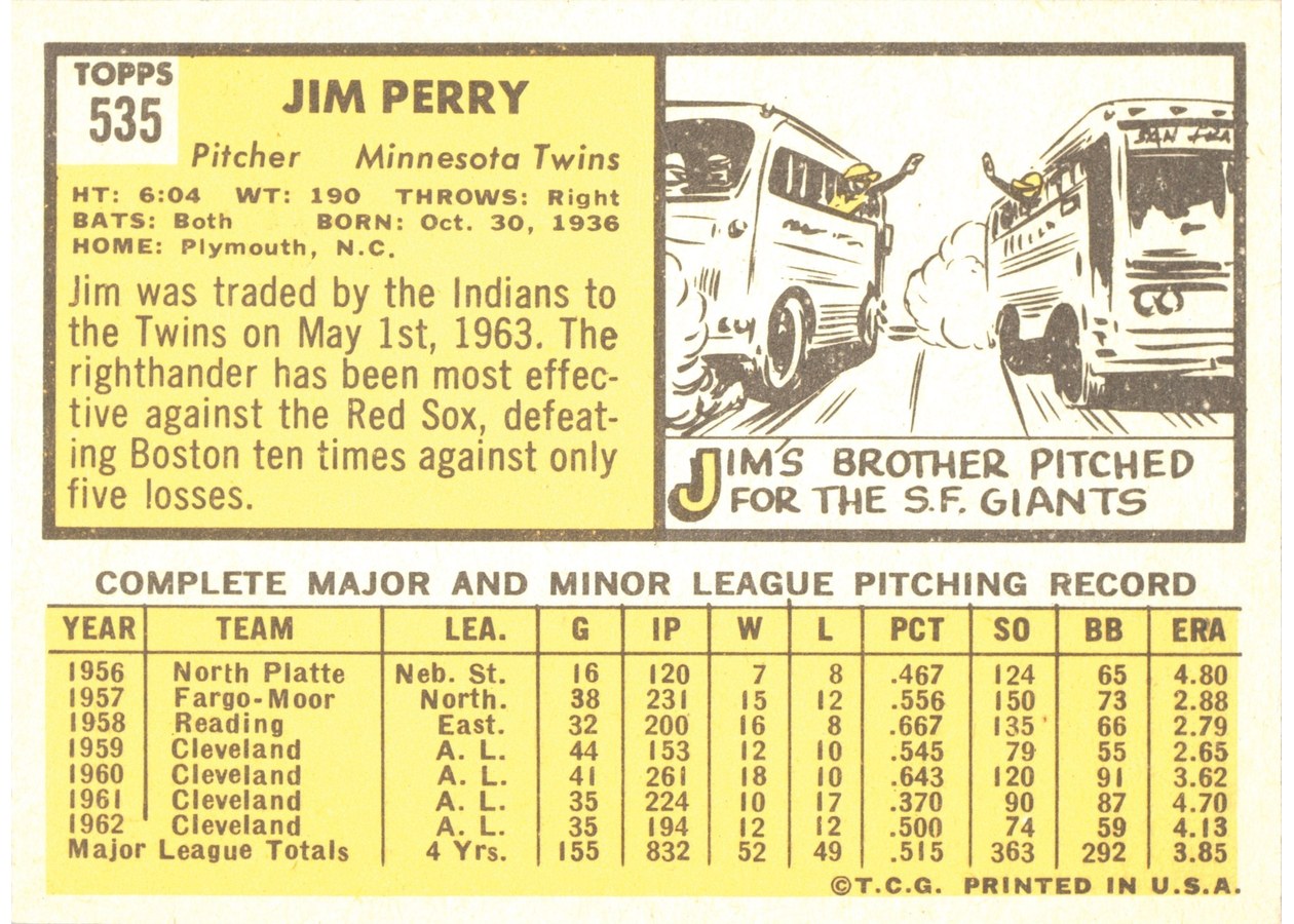 1963 Topps #535 Jim Perry card back