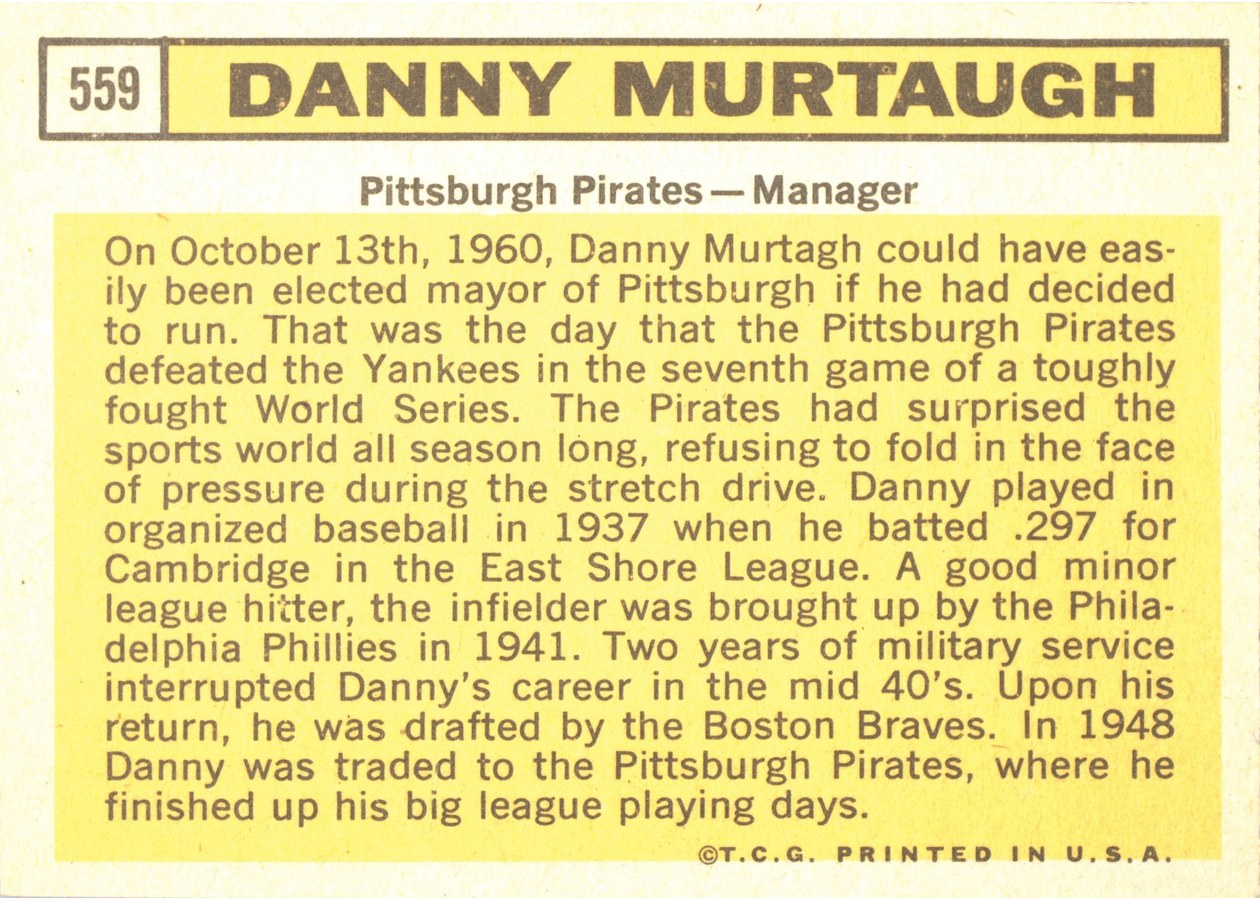 1963 Topps #559 Danny Murtaugh card back
