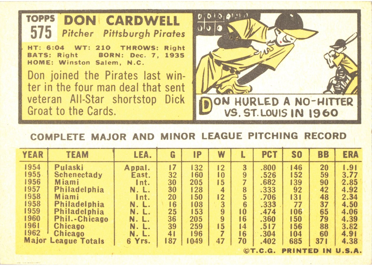 1963 Topps #575 Don Cardwell card back