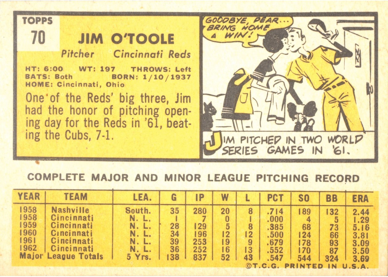 1963 Topps #70 Jim O'Toole card back