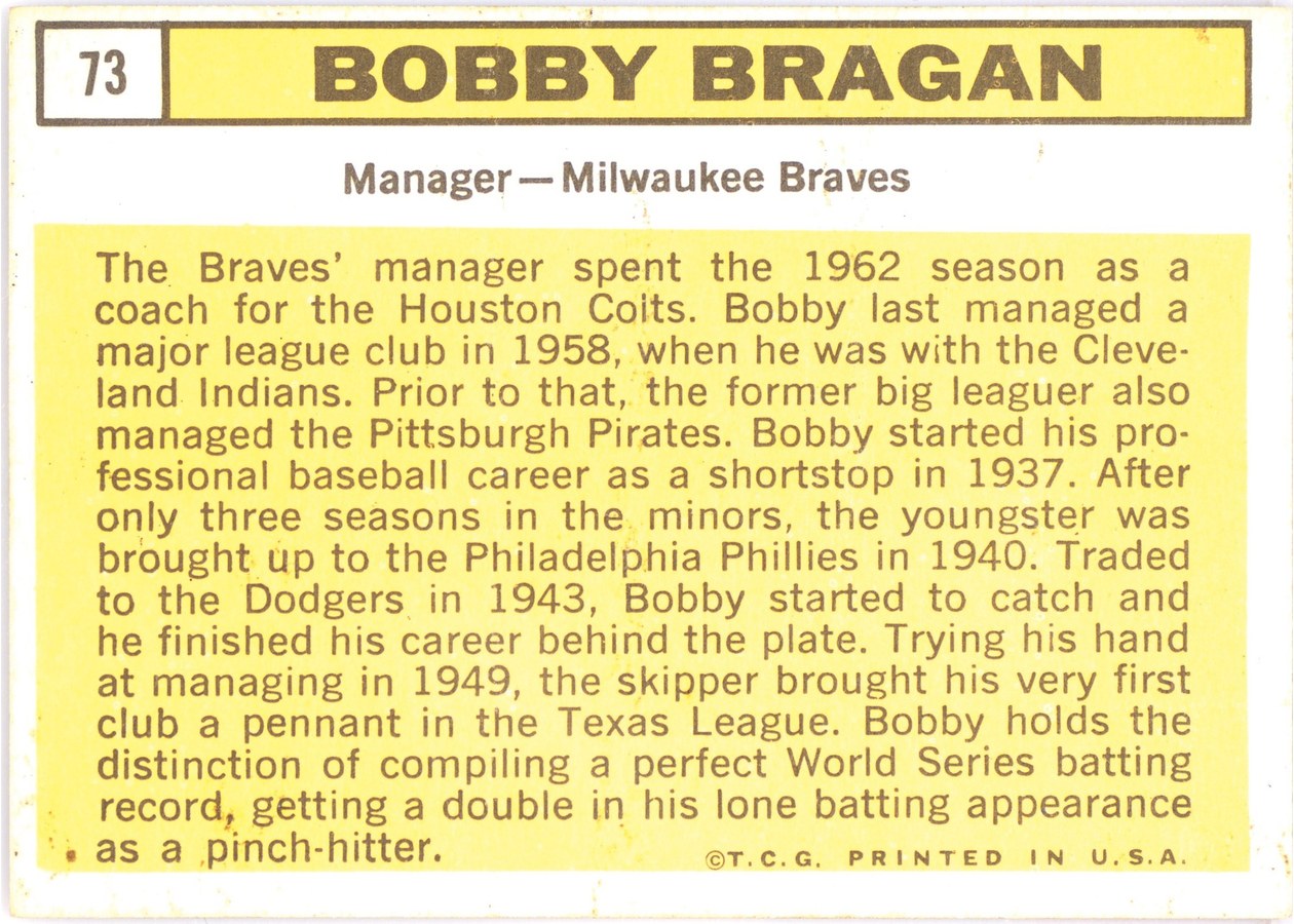 1963 Topps #73 Bobby Bragan card back