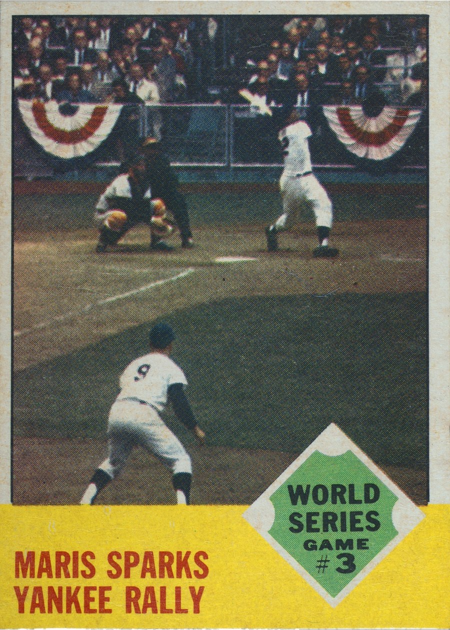 1963 Topps #144 World Series Game #3 - Maris Sparks Yankee Rally, New York Yankees