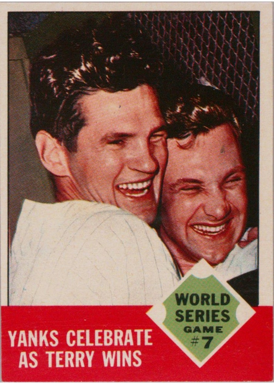 1963 Topps #148 World Series Game #7 - Yanks Celebrate as Terry Wins, New York Yankees