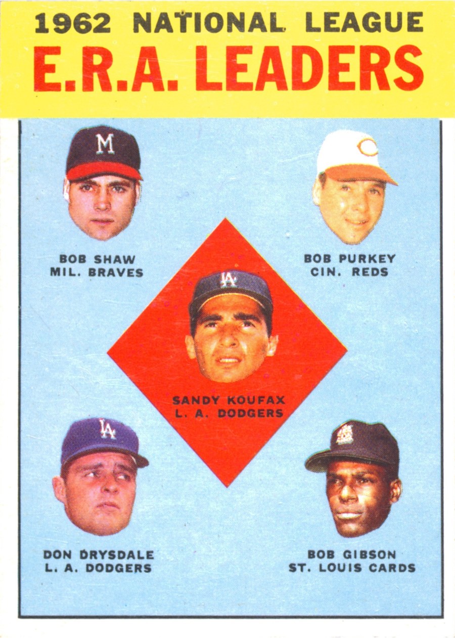 1963 Topps #5 1962 National League E.R.A. Leaders, Los Angeles Dodgers / Milwaukee Braves / Cincinnati Reds / St. Louis Cardinals