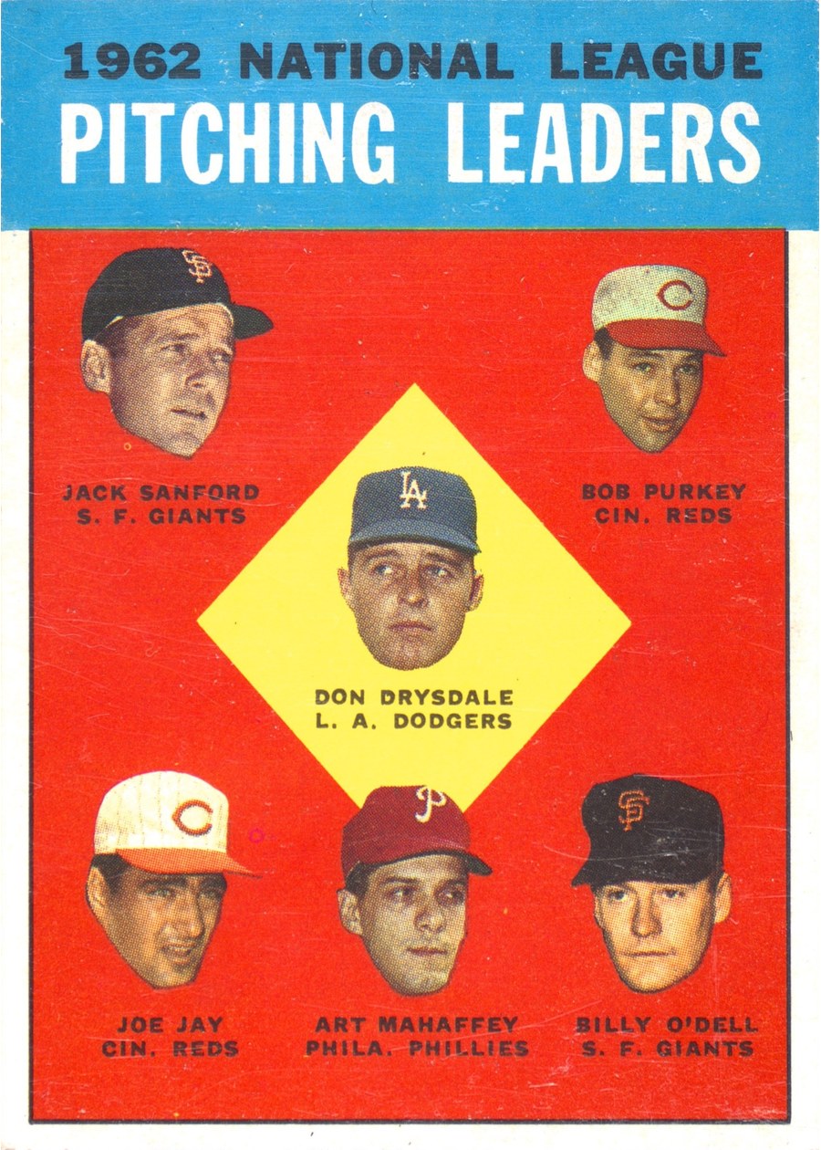 1963 Topps #7 1962 National League Pitching Leaders, Los Angeles Dodgers / San Francisco Giants / Cincinnati Reds / Philadelphia Phillies