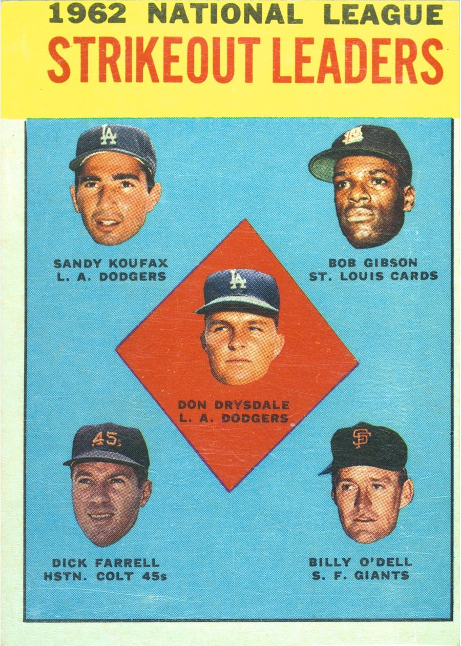 1963 Topps #9 1962 National League Strikeout Leaders, Los Angeles Dodgers / St. Louis Cardinals / Houston Colt .45's / San Francisco Giants