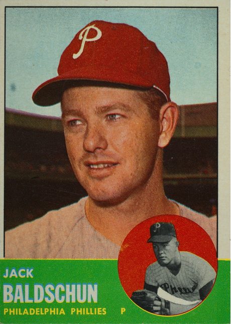 1963 Topps #341 Jack Baldschun - 341a - White slash in inset photo