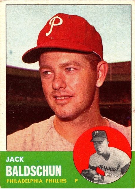 1963 Topps #341 Jack Baldschun - 341b - Slash repair w/ red mottling