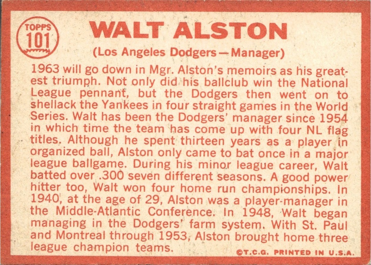 1964 Topps #101 Walt Alston card back