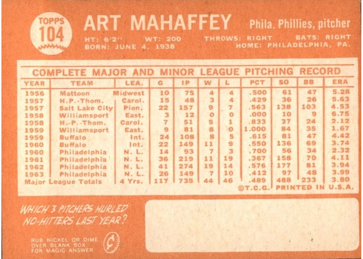 1964 Topps #104 Art Mahaffey card back