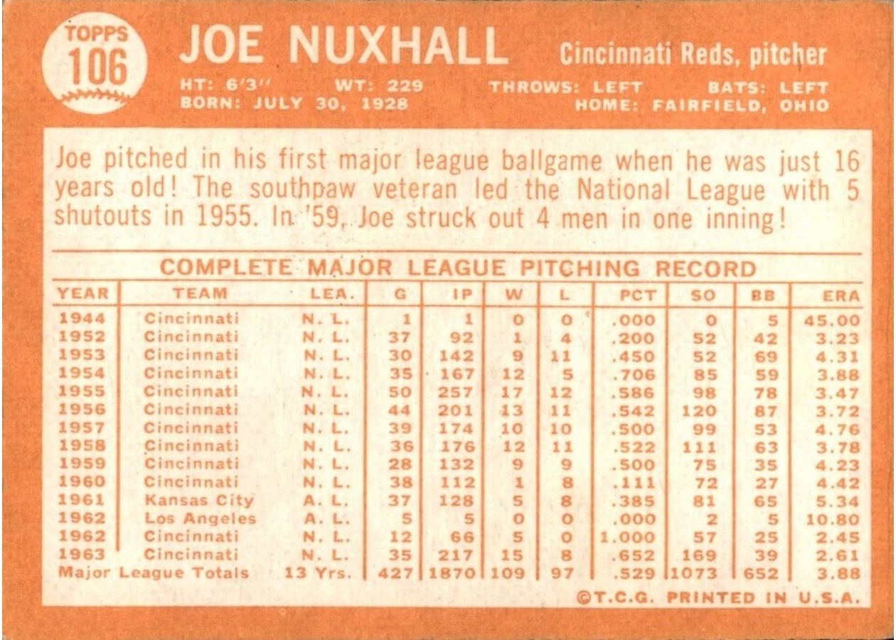 1964 Topps #106 Joe Nuxhall card back