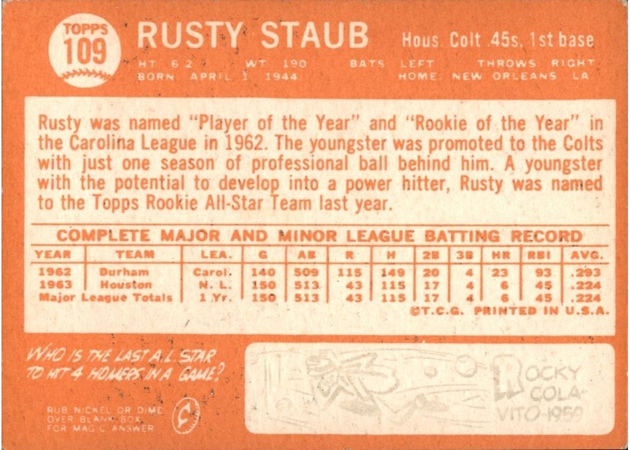 1964 Topps #109 Rusty Staub card back