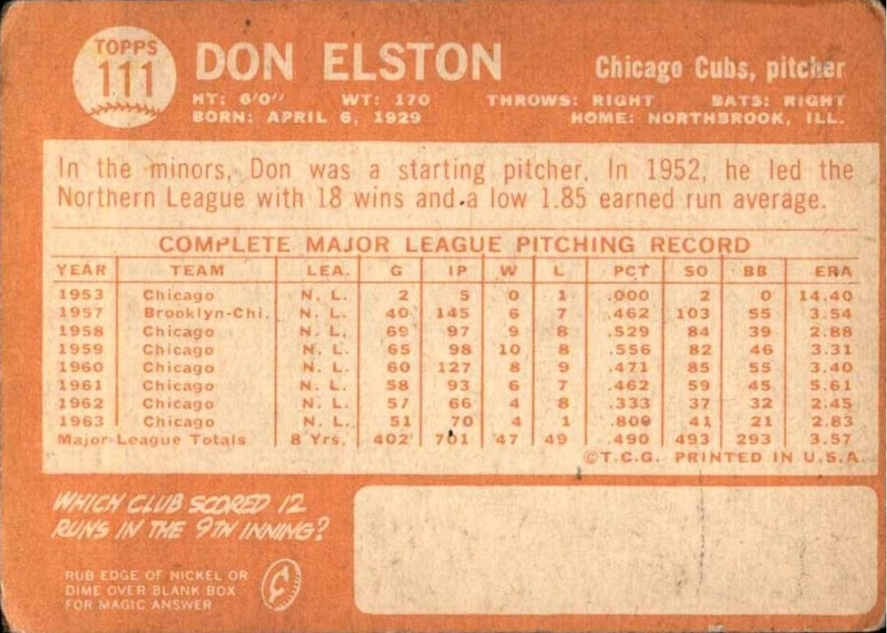 1964 Topps #111 Don Elston card back