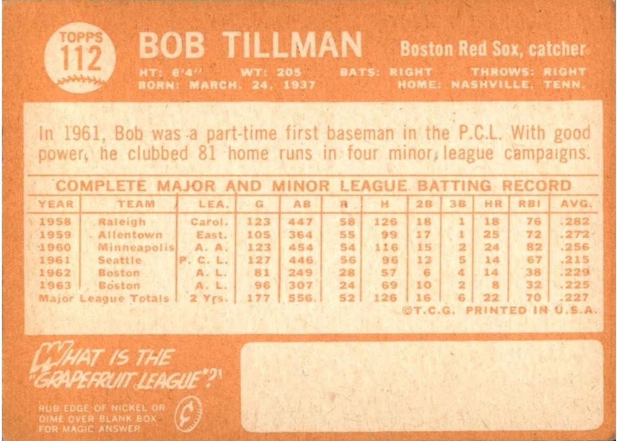 1964 Topps #112 Bob Tillman card back
