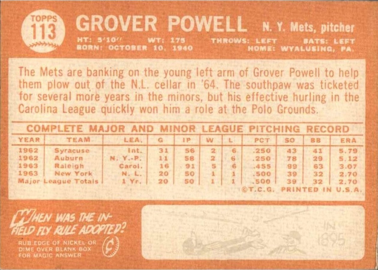1964 Topps #113 Grover Powell card back