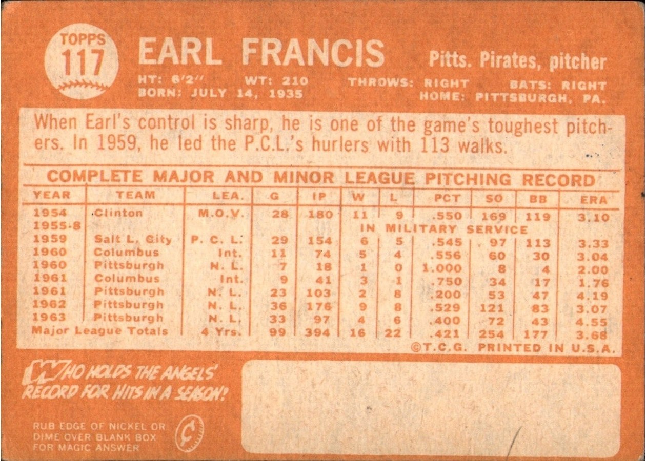 1964 Topps #117 Earl Francis card back