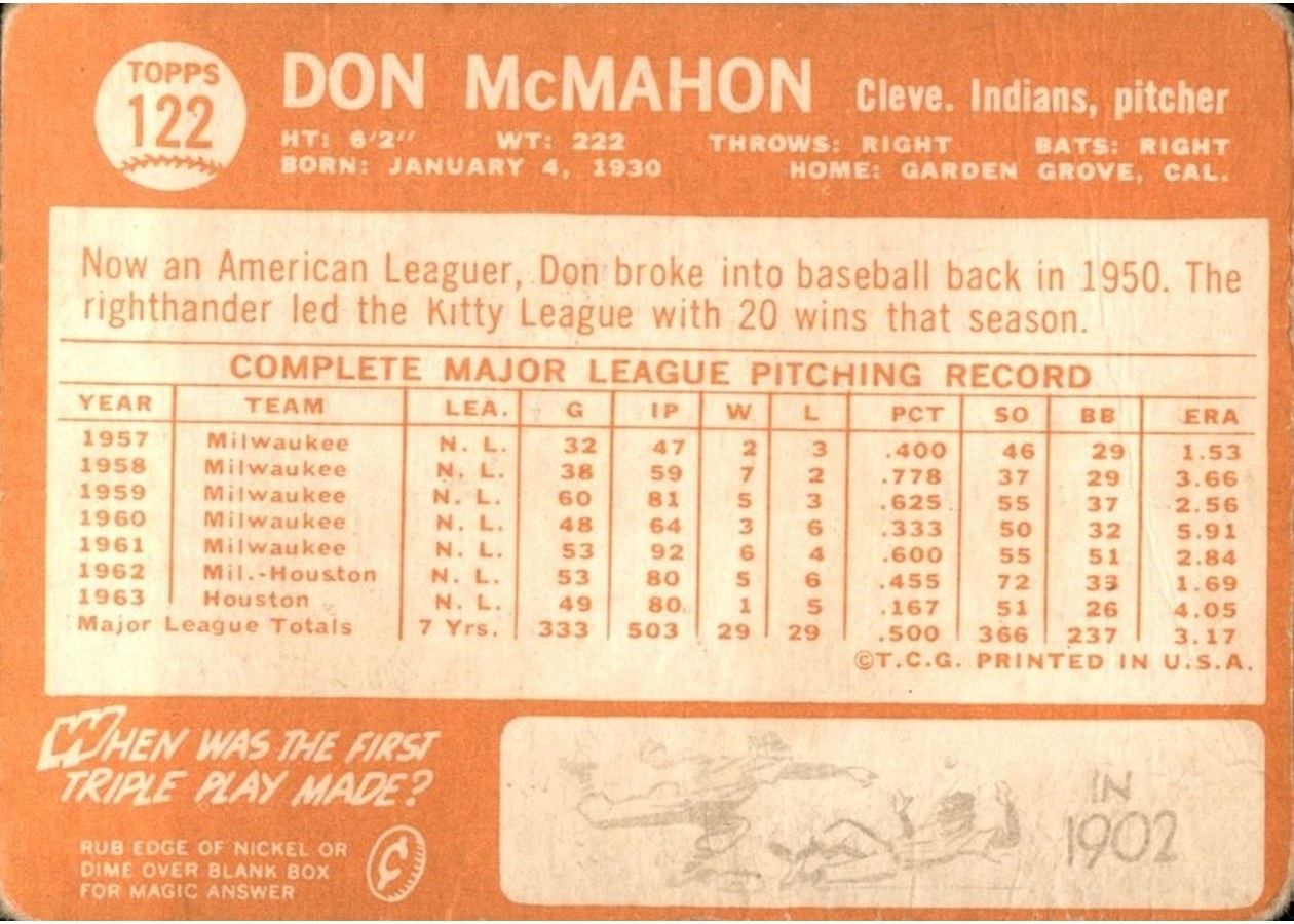 1964 Topps #122 Don McMahon card back