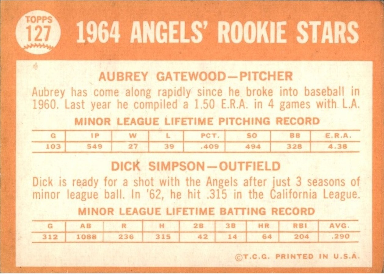 1964 Topps #127 Angels 1964 Rookie Stars card back