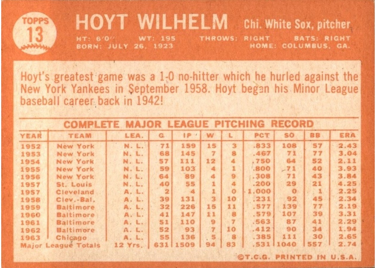 1964 Topps #13 Hoyt Wilhelm card back
