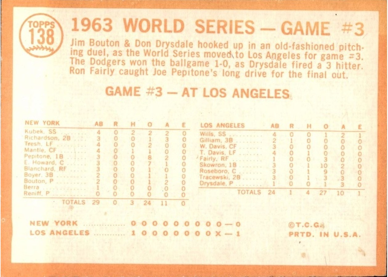 1964 Topps #138 World Series Game #3 - L.A. Takes 3rd Straight card back