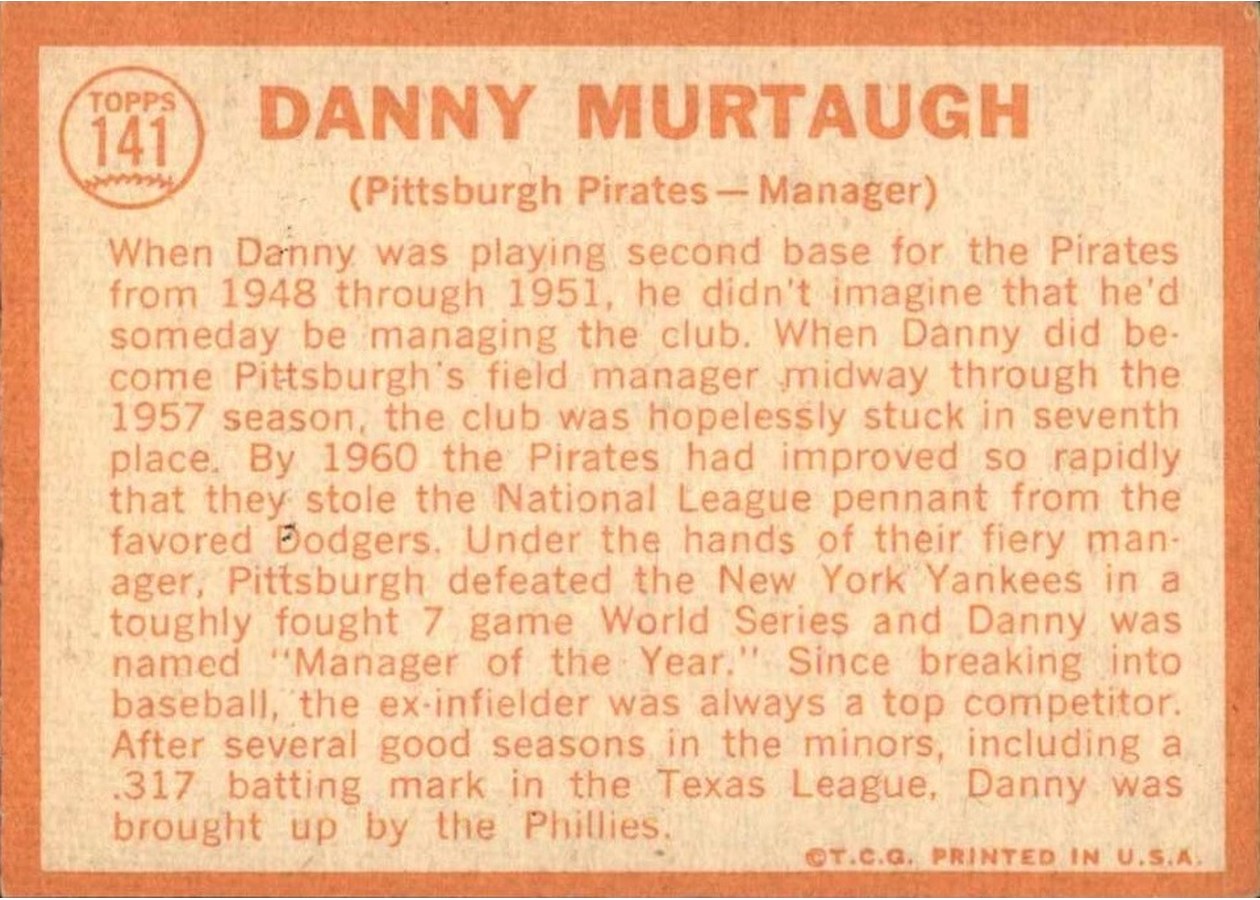 1964 Topps #141 Danny Murtaugh card back