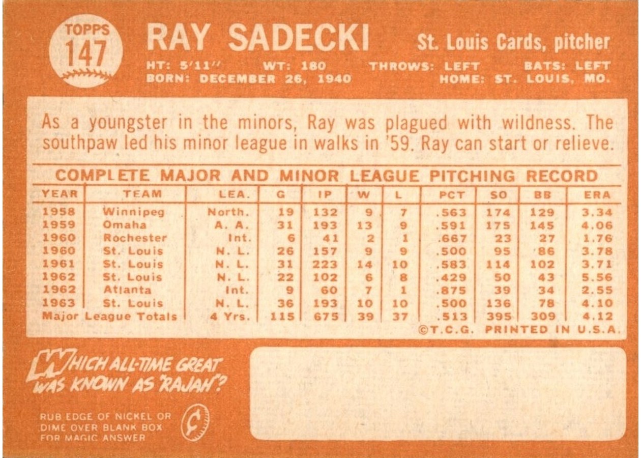 1964 Topps #147 Ray Sadecki card back