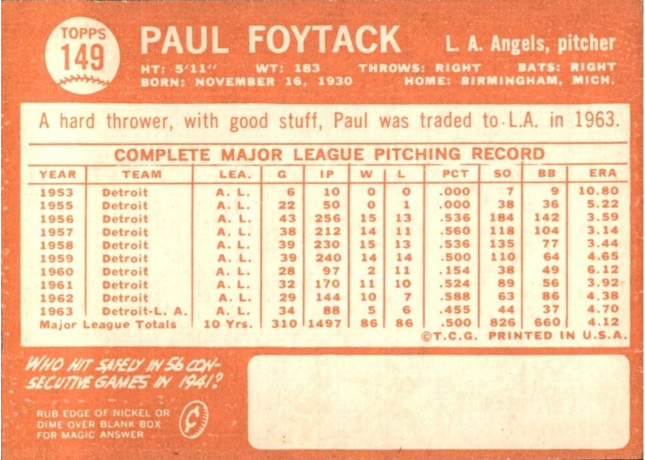 1964 Topps #149 Paul Foytack card back