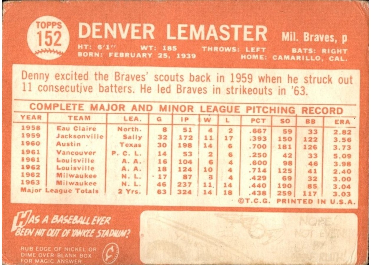 1964 Topps #152 Denver Lemaster card back