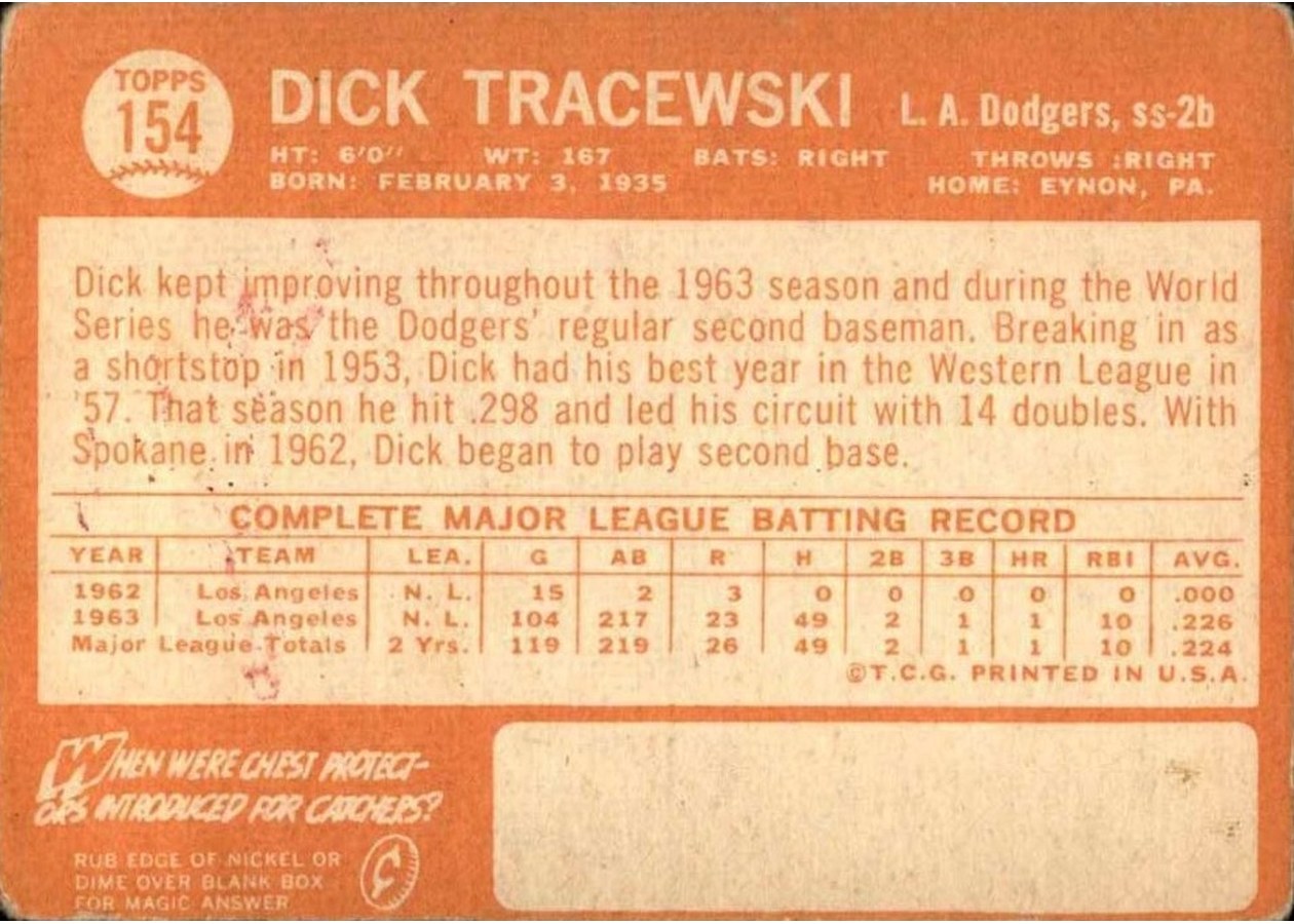 1964 Topps #154 Dick Tracewski card back