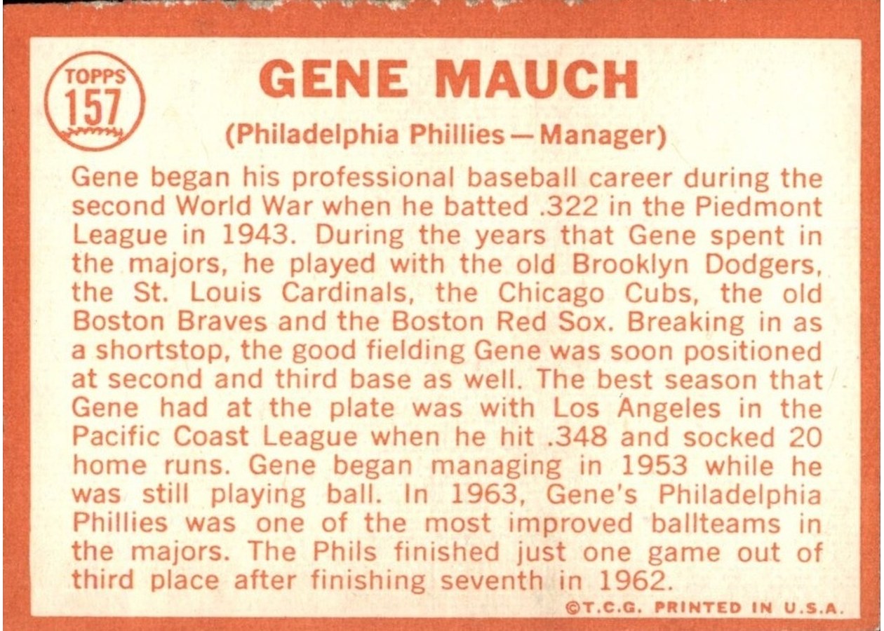 1964 Topps #157 Gene Mauch card back