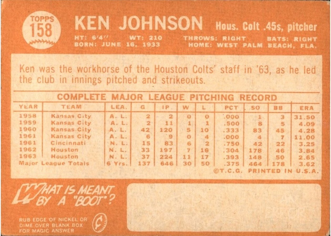1964 Topps #158 Ken Johnson card back