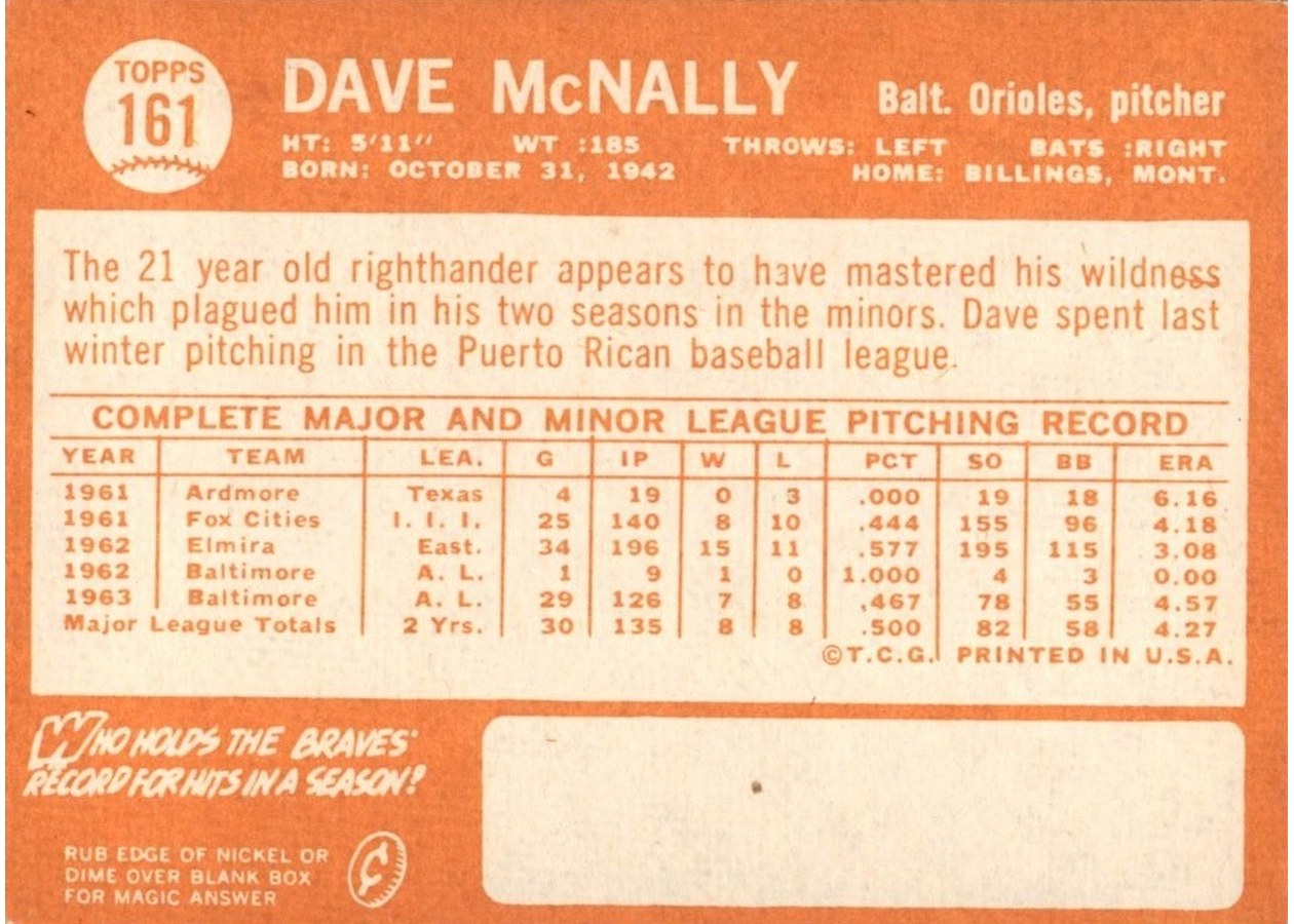 1964 Topps #161 Dave McNally card back