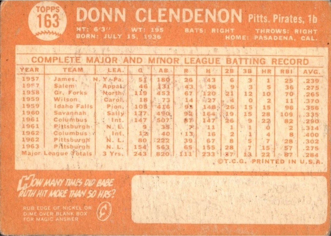 1964 Topps #163 Donn Clendenon card back