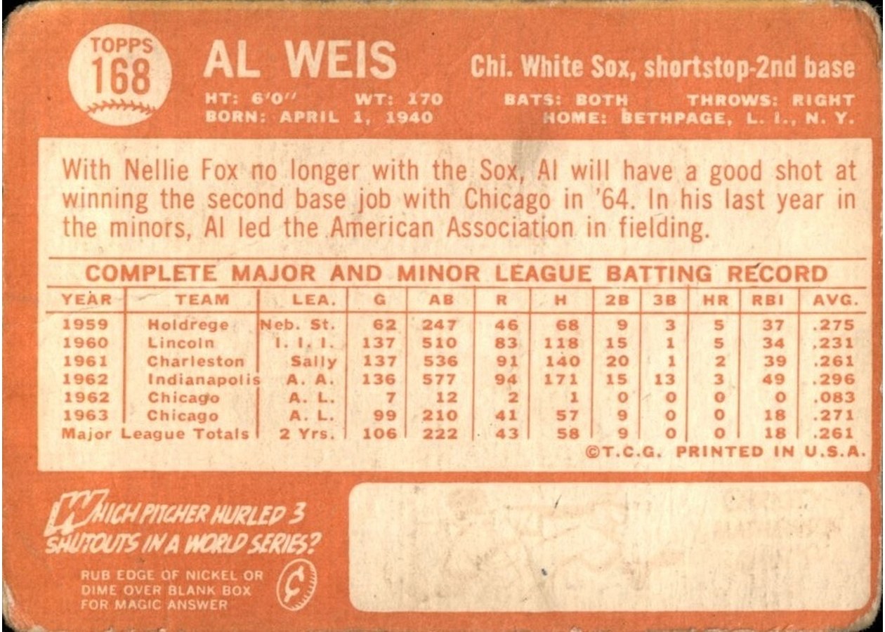 1964 Topps #168 Al Weis card back