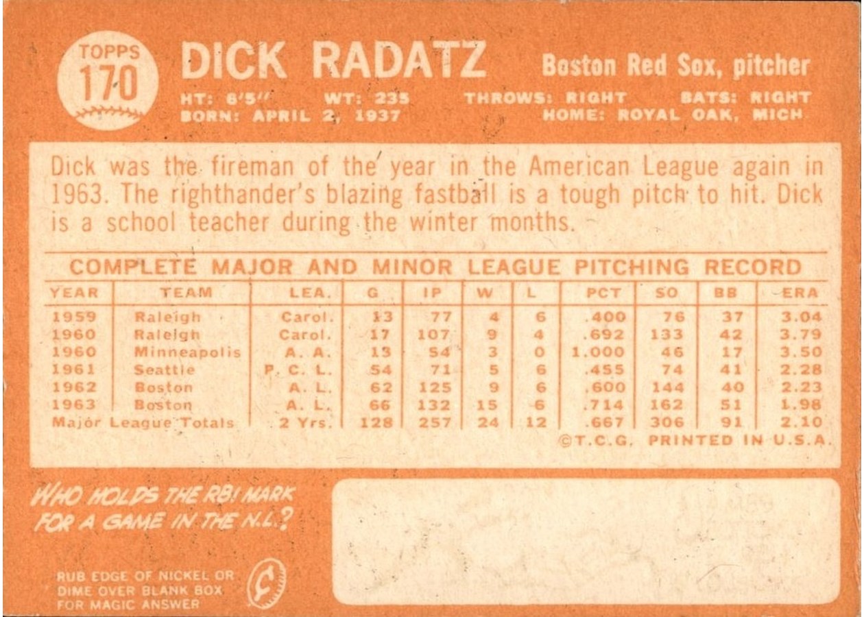 1964 Topps #170 Dick Radatz card back