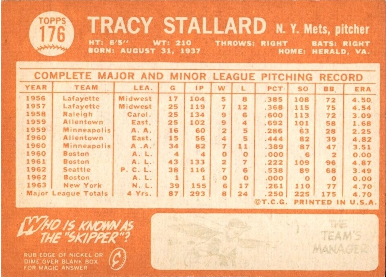 1964 Topps #176 Tracy Stallard card back