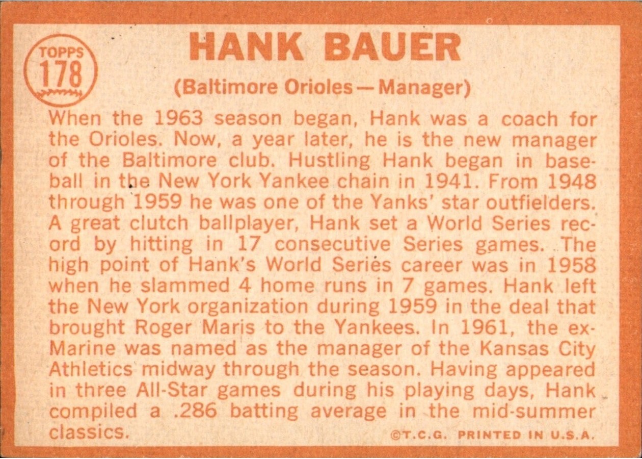 1964 Topps #178 Hank Bauer card back