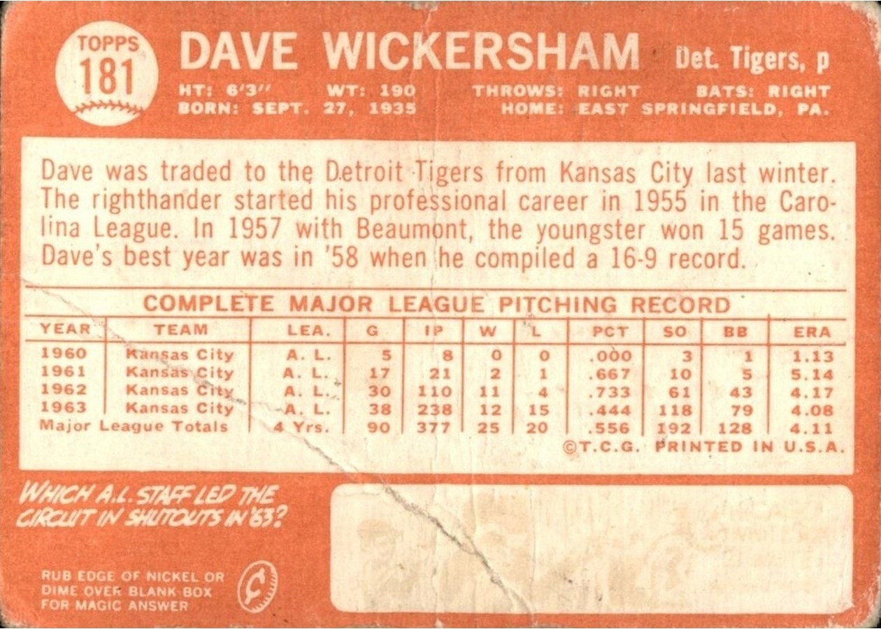 1964 Topps #181 Dave Wickersham card back