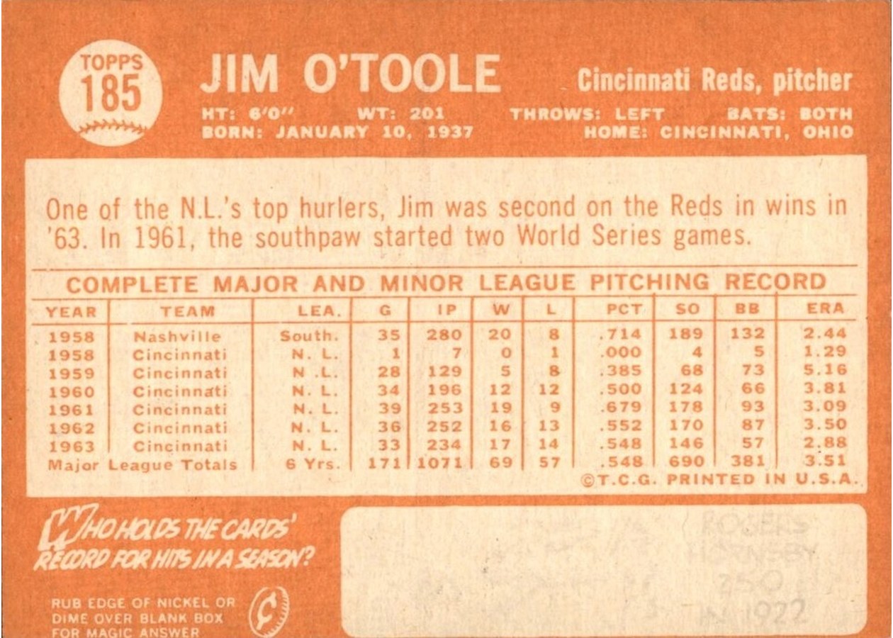 1964 Topps #185 Jim O'Toole card back