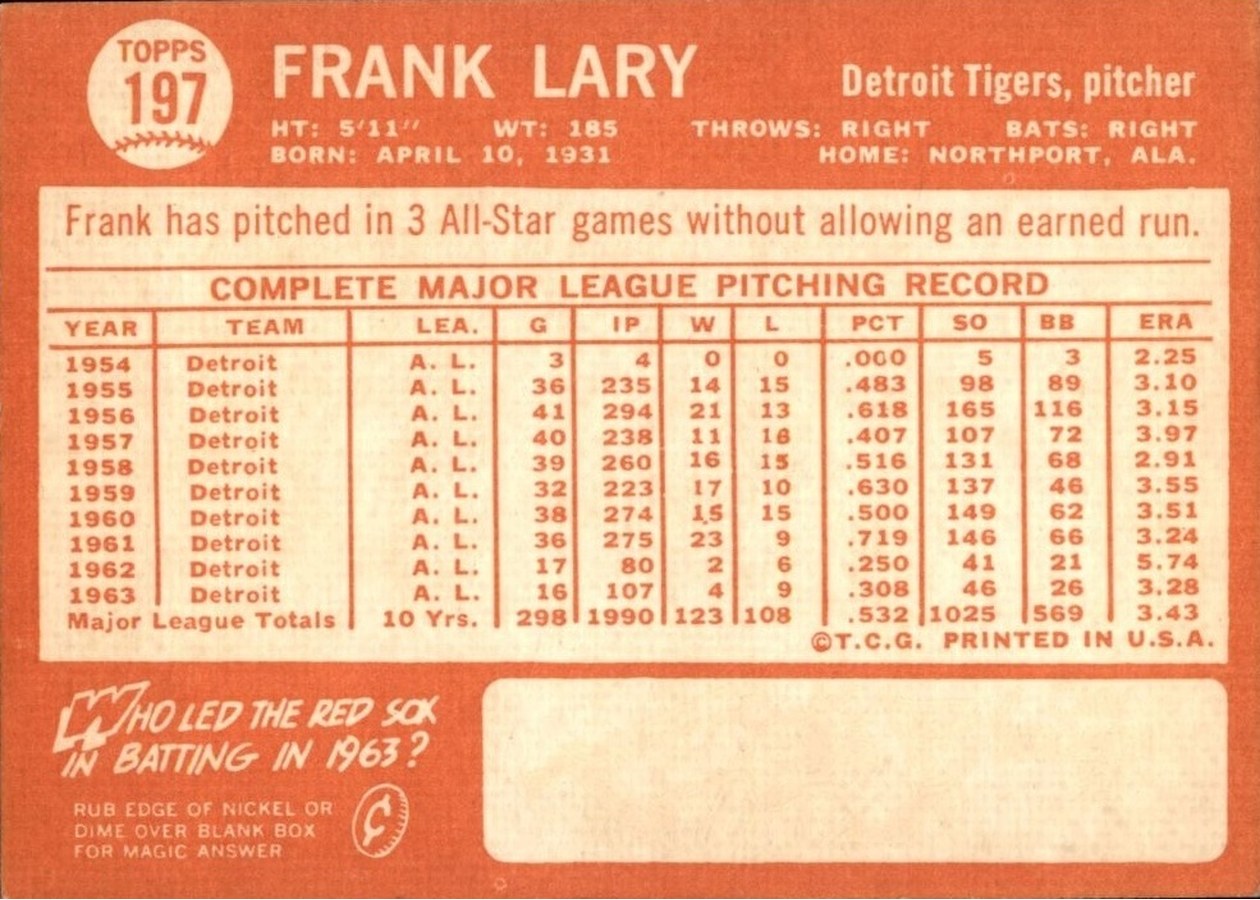 1964 Topps #197 Frank Lary card back