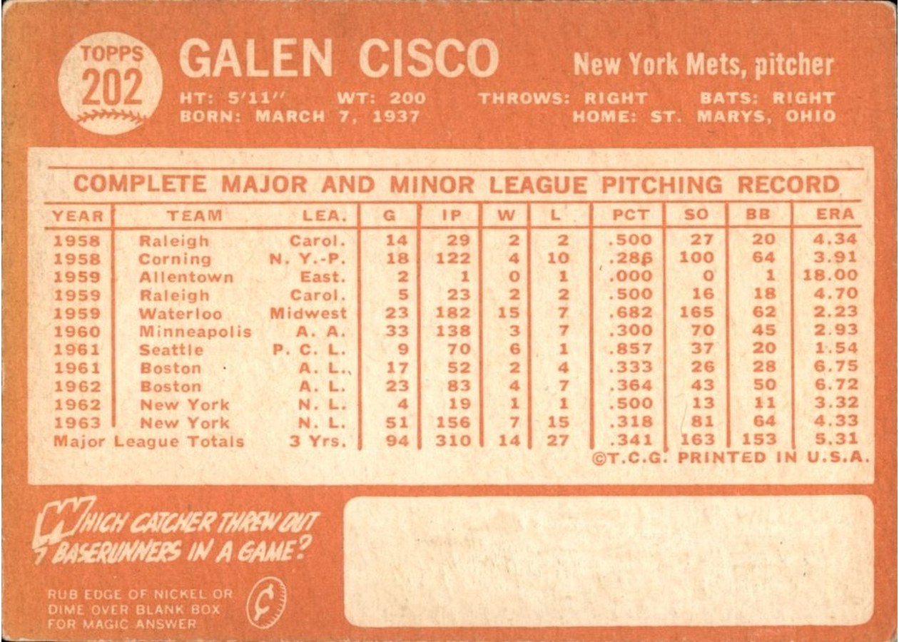 1964 Topps #202 Galen Cisco card back