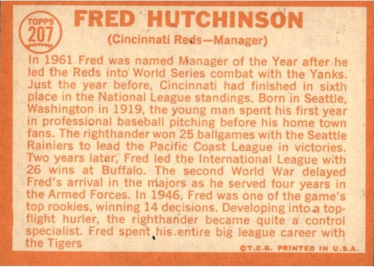1964 Topps #207 Fred Hutchinson card back