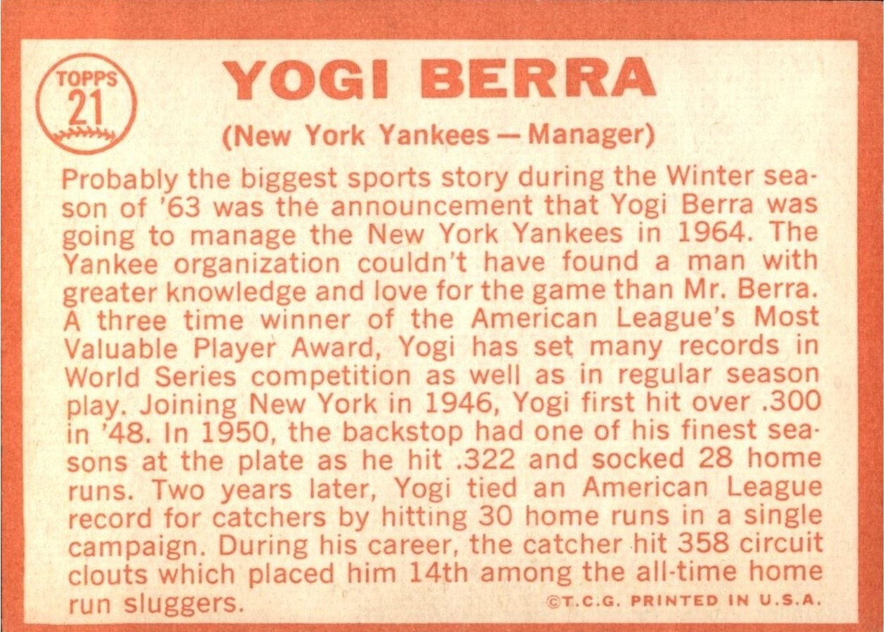1964 Topps #21 Yogi Berra card back
