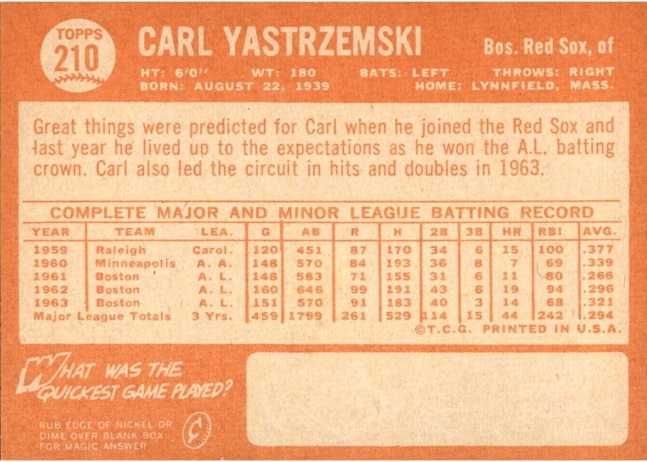 1964 Topps #210 Carl Yastrzemski card back