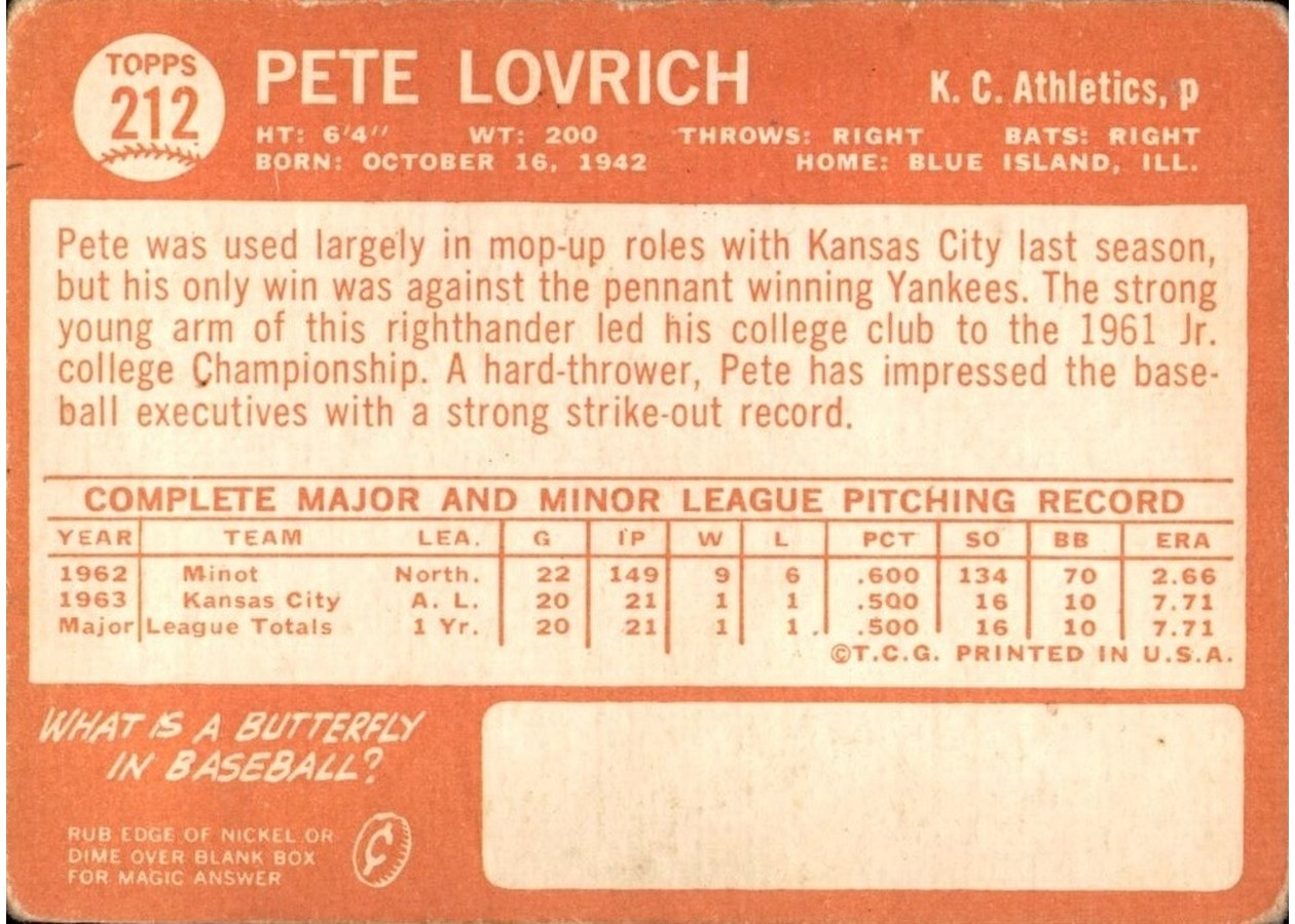 1964 Topps #212 Pete Lovrich card back