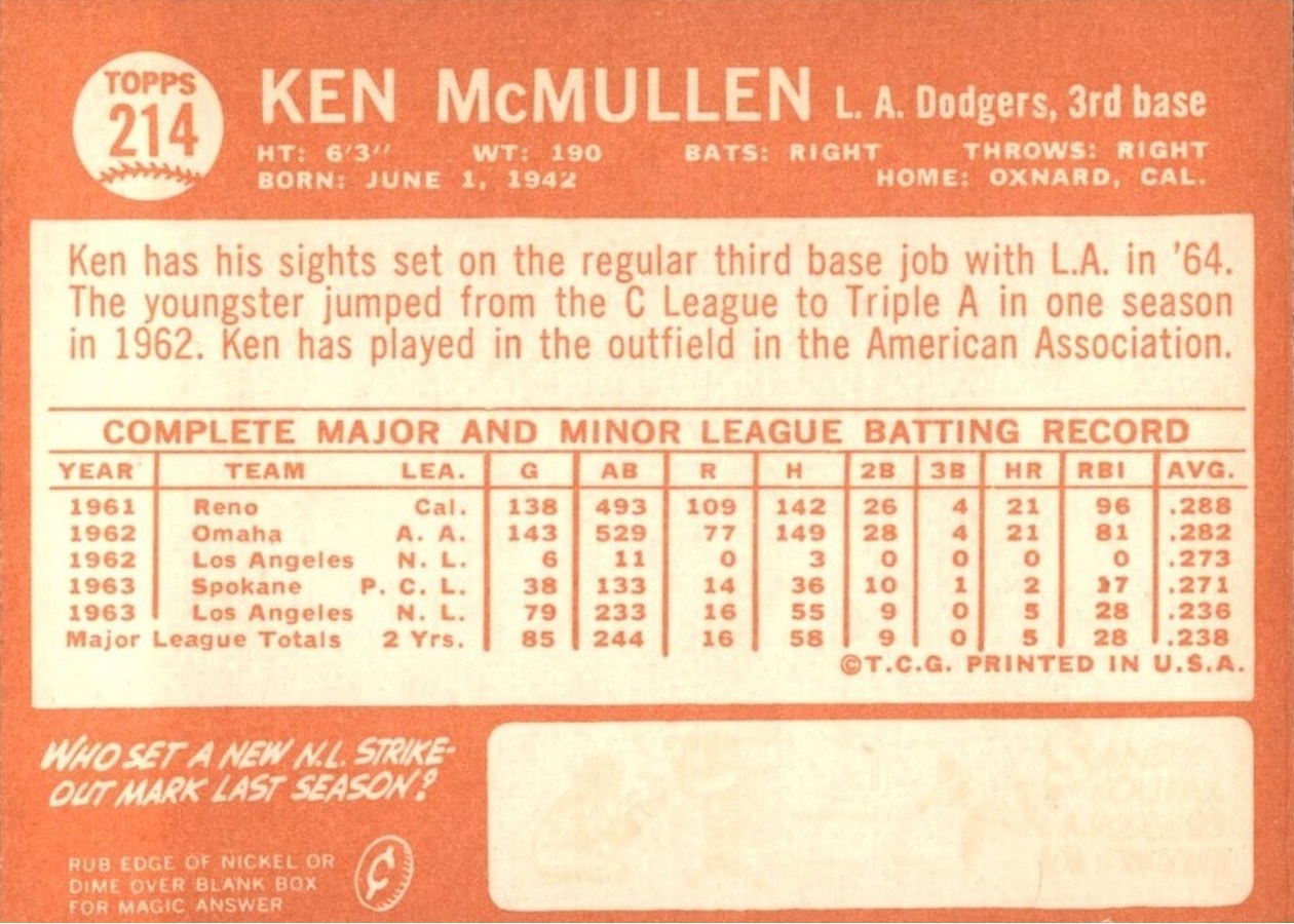 1964 Topps #214 Ken McMullen card back