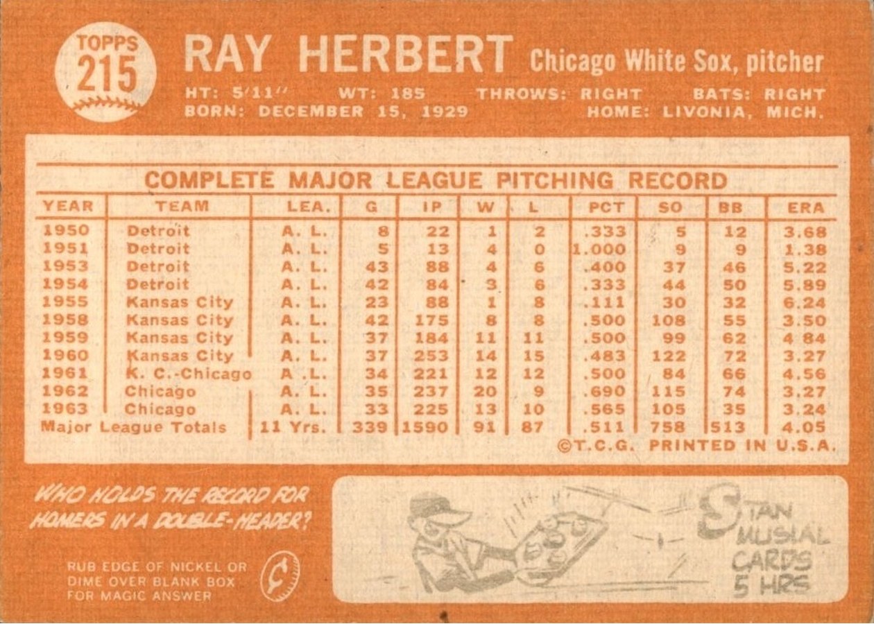 1964 Topps #215 Ray Herbert card back